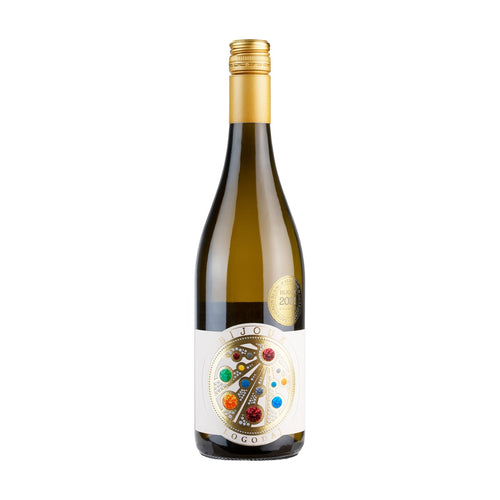 Logodaj Winery Bijoux - Premium white wine from Bulgaria, featuring a clean white label with a colorful jewel-toned circular mosaic motif.
