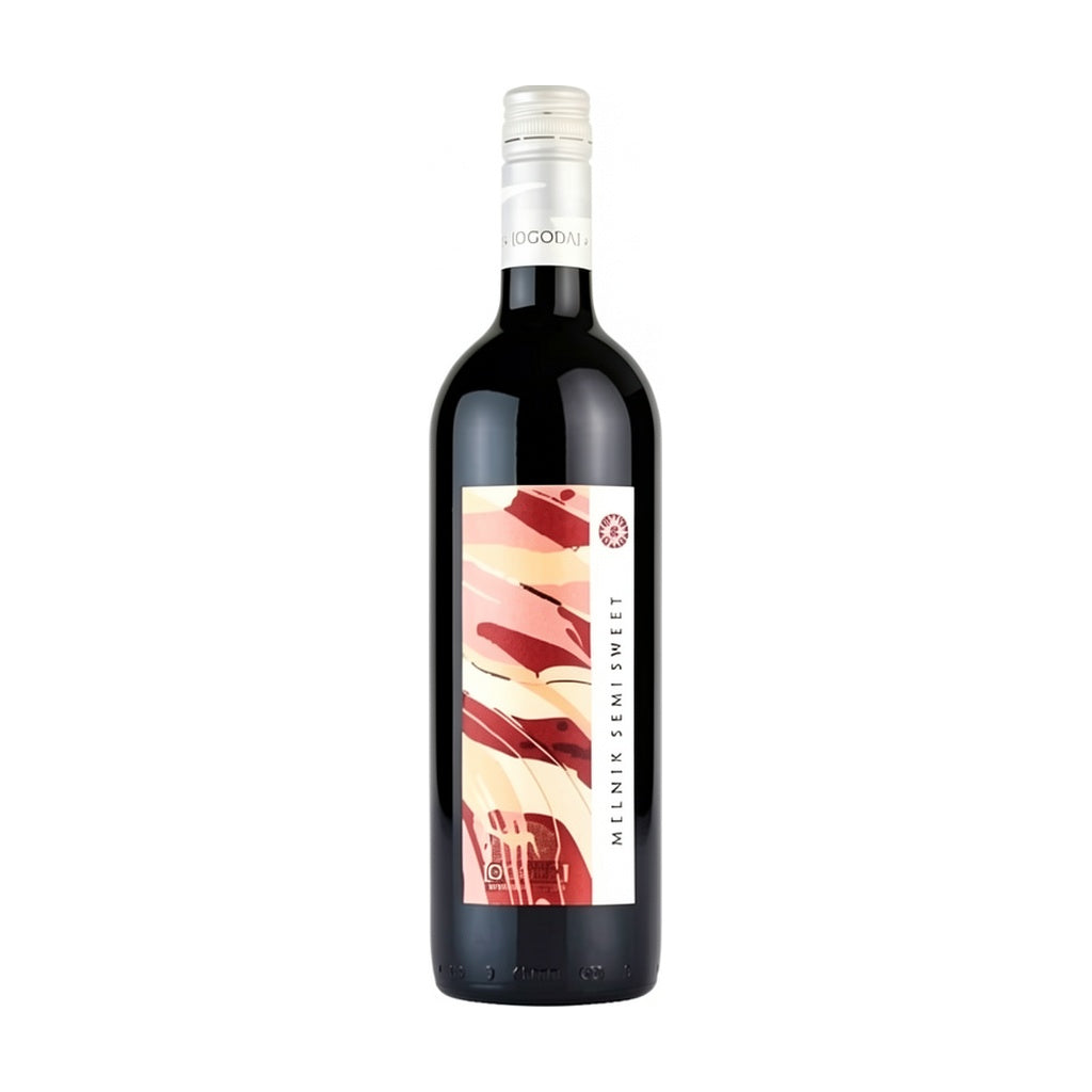 Logodaj Winery Melnik Semi-Sweet - Premium red wine from Bulgaria, featuring an artistic label with abstract flowing waves in shades of burgundy, cream, and terracotta.
