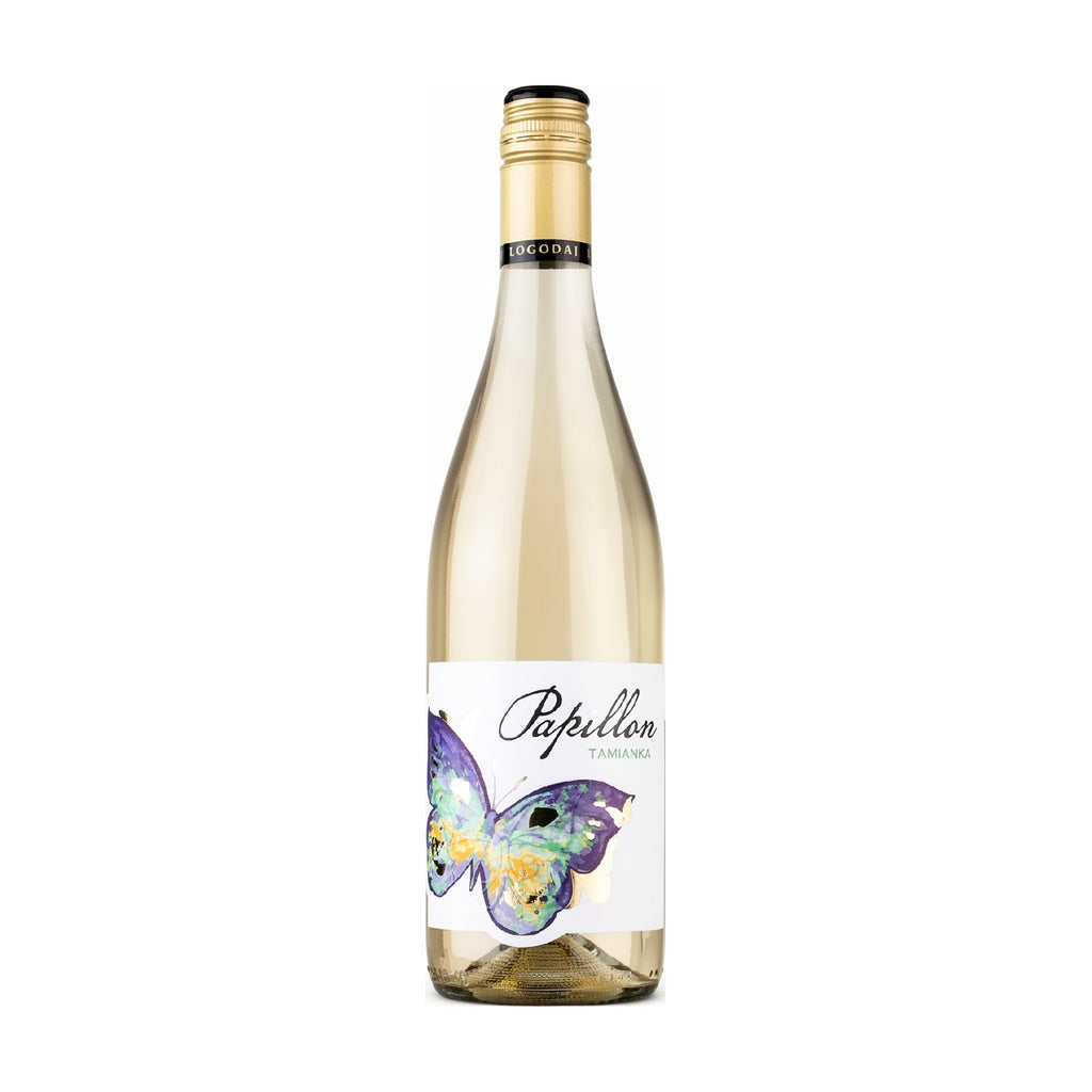 Logodaj Winery Papillon Tamianka - Premium white wine from Bulgaria, featuring a clean white label with a vibrant purple and blue butterfly illustration.

