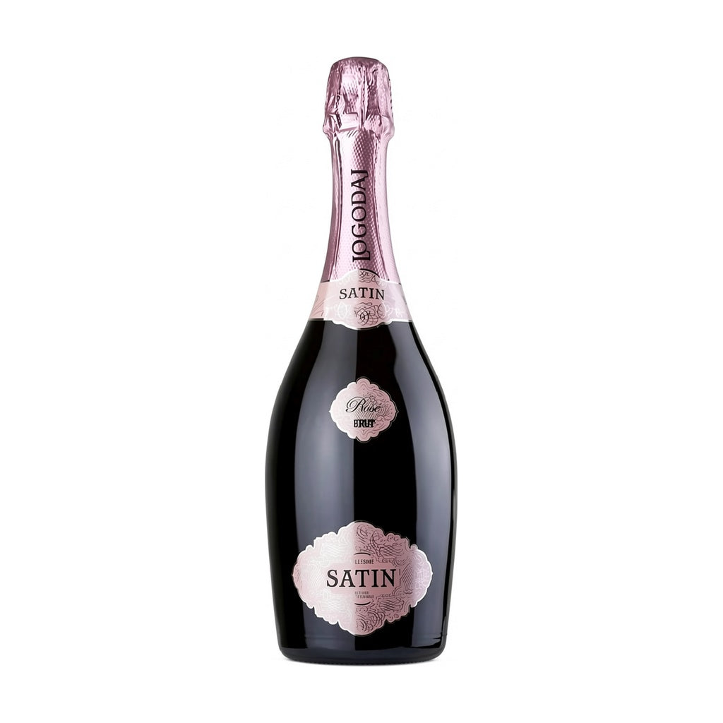 Logdaj Winery Satin Rosé Brut, premium Bulgarian sparkling rosé wine bottle on white background.