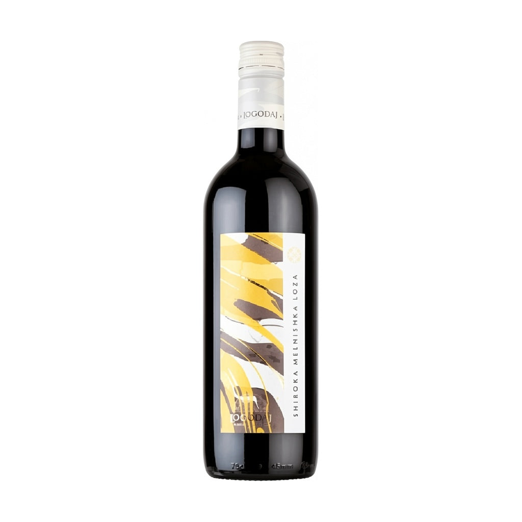 Logodaj Winery Shiroka Melnishka Loza - Premium red wine from Bulgaria, featuring a modern label with bold abstract strokes in shades of gold, cream, and dark earth tones.
