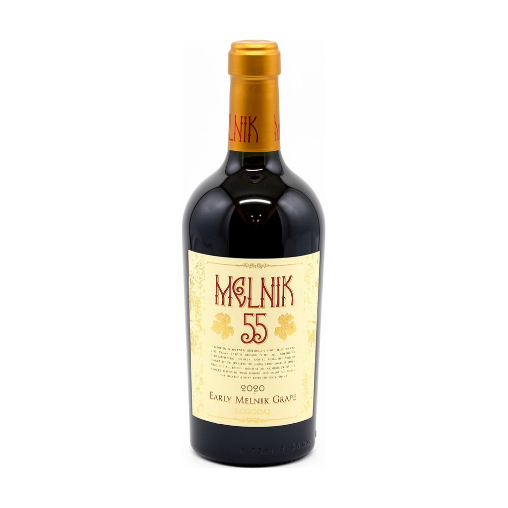 Logodaj Winery Melnik 55 Early Melnik Grape - Premium red wine from Bulgaria, featuring a vintage-style cream label with gold typography and traditional Thracian motifs.
