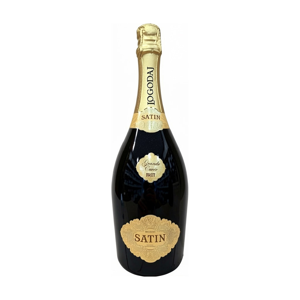 Logodaj Winery Satin Grande Cuvee Sparkling Rosé Brut - Premium sparkling wine from Bulgaria, featuring a luxurious dark bottle with ornate gold label and crest.
