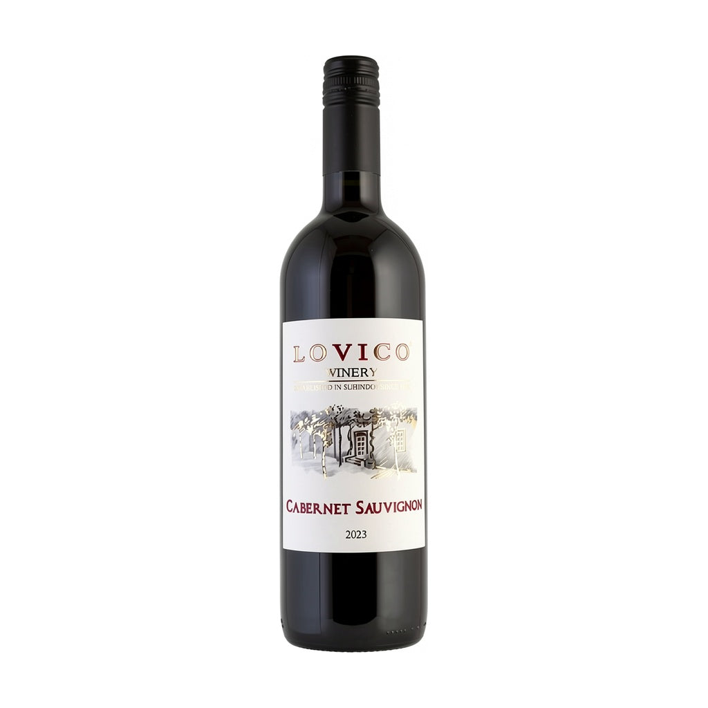 Lovico Suhindol Winery Cabernet Sauvignon red wine bottle on white background.
