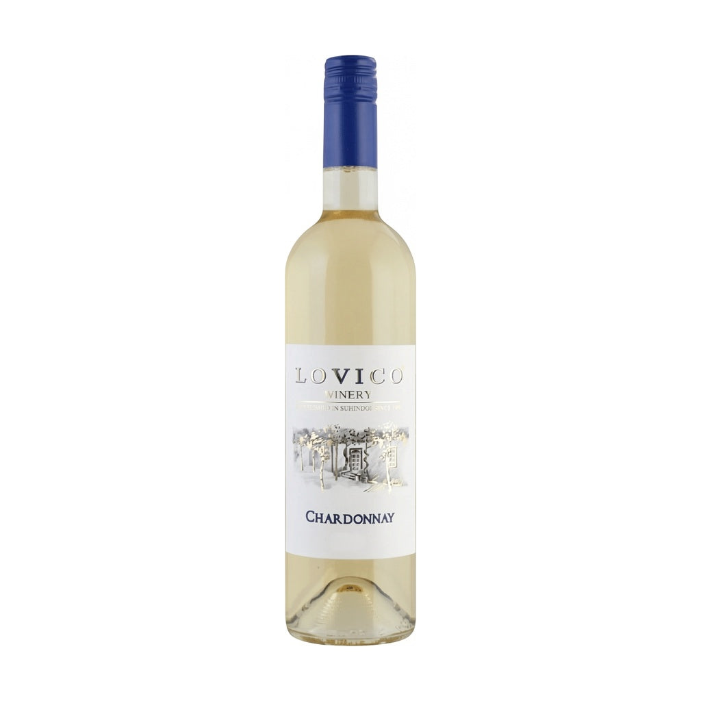 Lovico Suhindol Winery Chardonnay - Premium white wine from Bulgaria, elegant bottle with pale straw liquid
