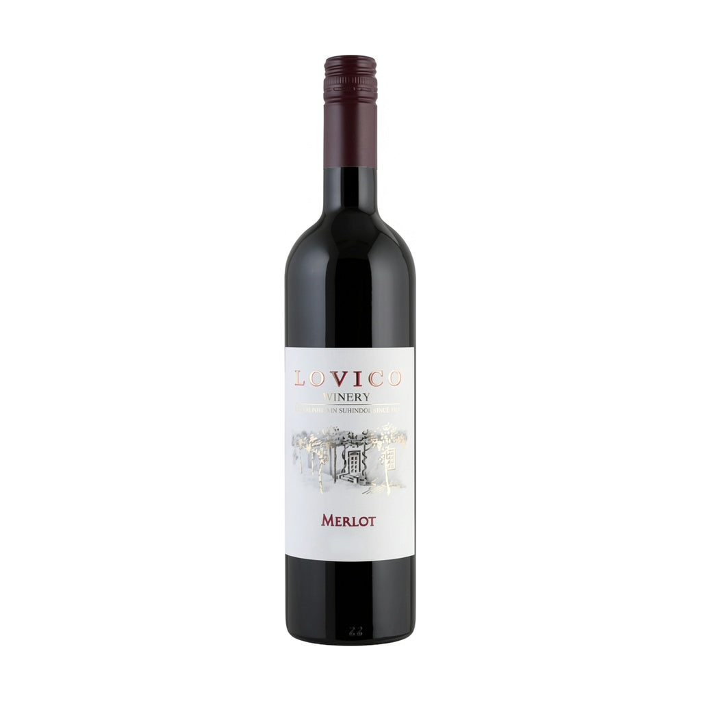 Lovico Suhindol Winery Merlot - Premium red wine from Bulgaria, elegant bottle with white label on white backround.