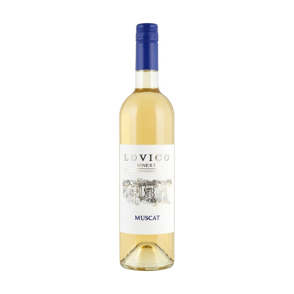 Lovico Suhindol Winery Muscat - Refreshing white wine from Bulgaria, elegant bottle with light gold liquid