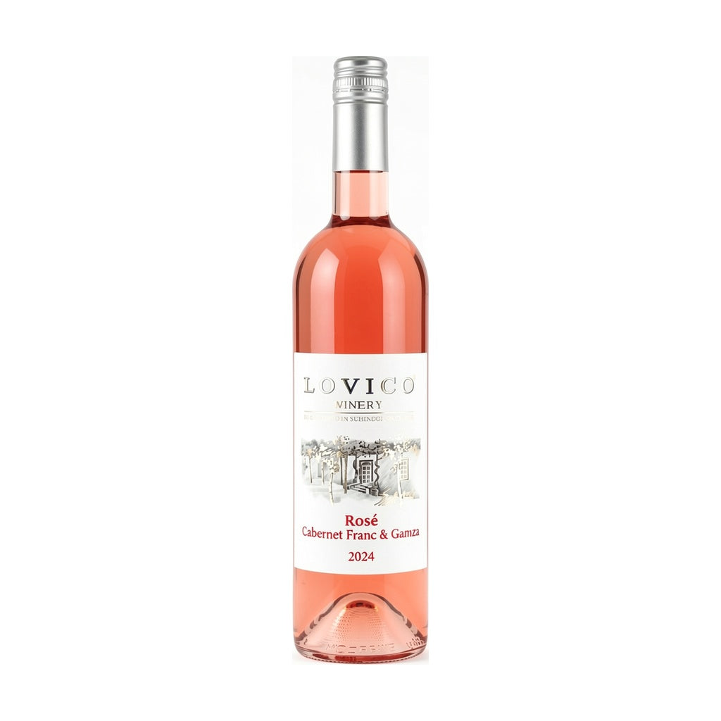 Lovico Suhindol Winery Rosé Cabernet Franc & Gamza pink rosé wine bottle on white background.
