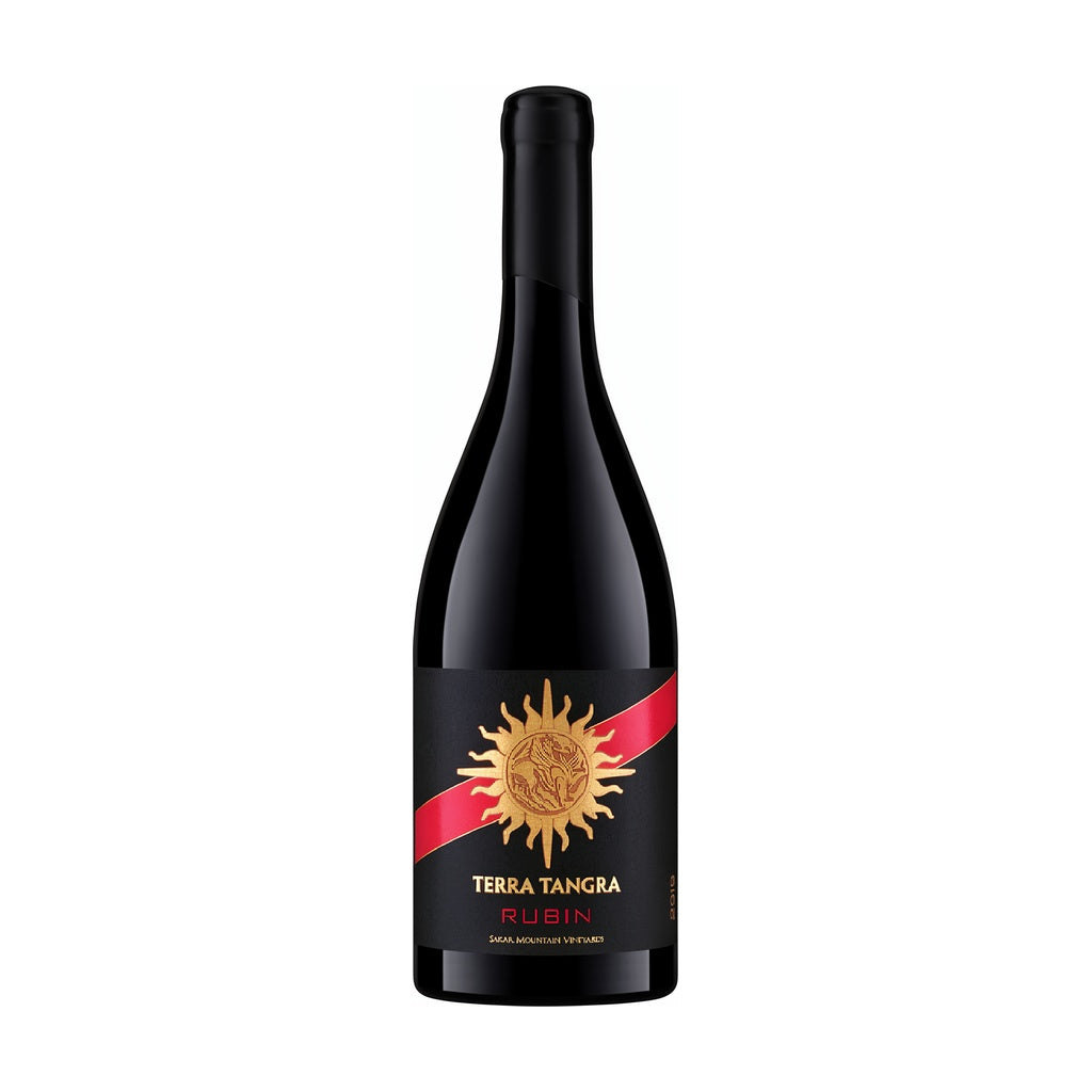 Terra Tangra Black Label Rubin red wine bottle on white background.

