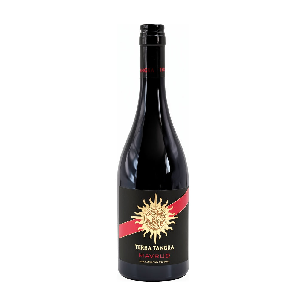 Terra Tangra Black Label Mavrud red wine bottle on white background.
