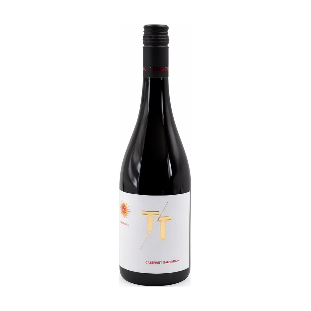 Terra Tangra Cabernet Sauvignon red wine bottle on white background.