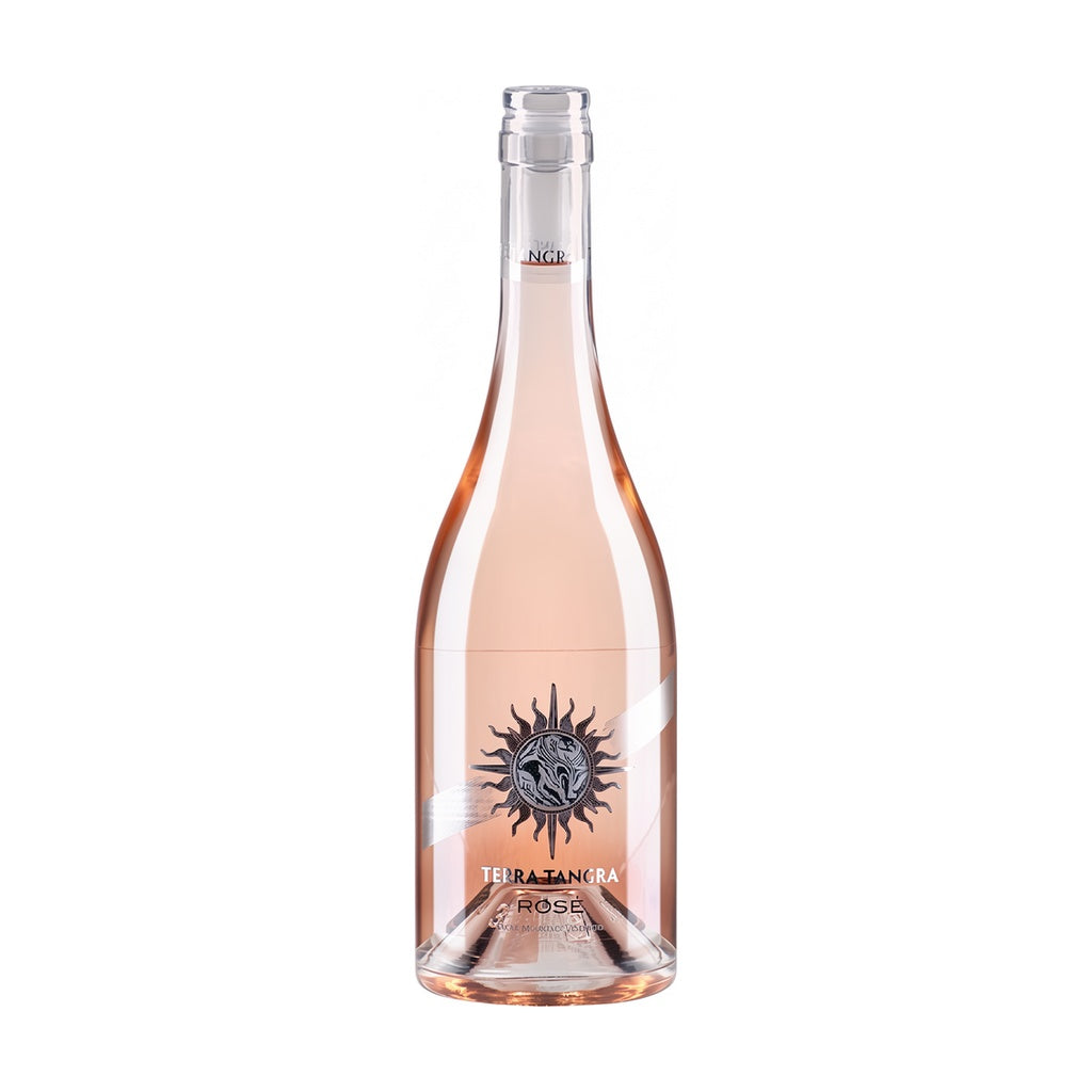 Terra Tangra Mavrud Rosé pink rosé wine bottle on white background.
