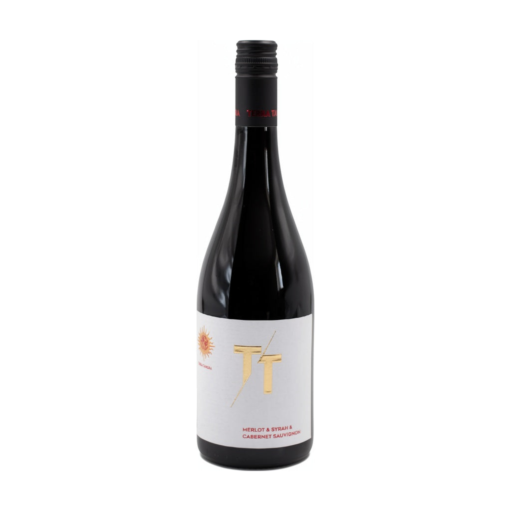 Terra Tangra Merlot Syrah & Cabernet Sauvignon red wine blend bottle on white background.
