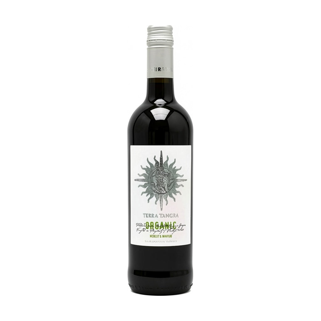Terra Tangra Organic Merlot & Mavrud red wine bottle on white background.
