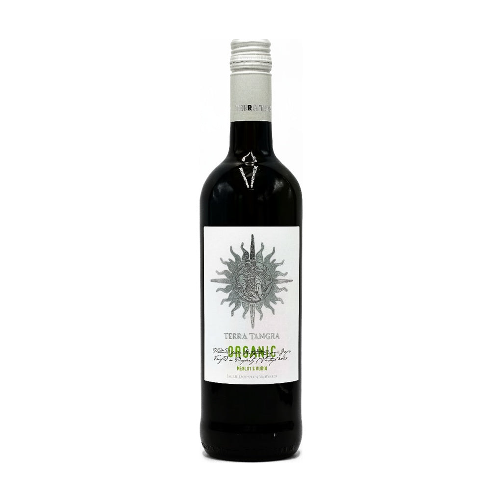 Terra Tangra Organic Rubin red wine bottle on white background.