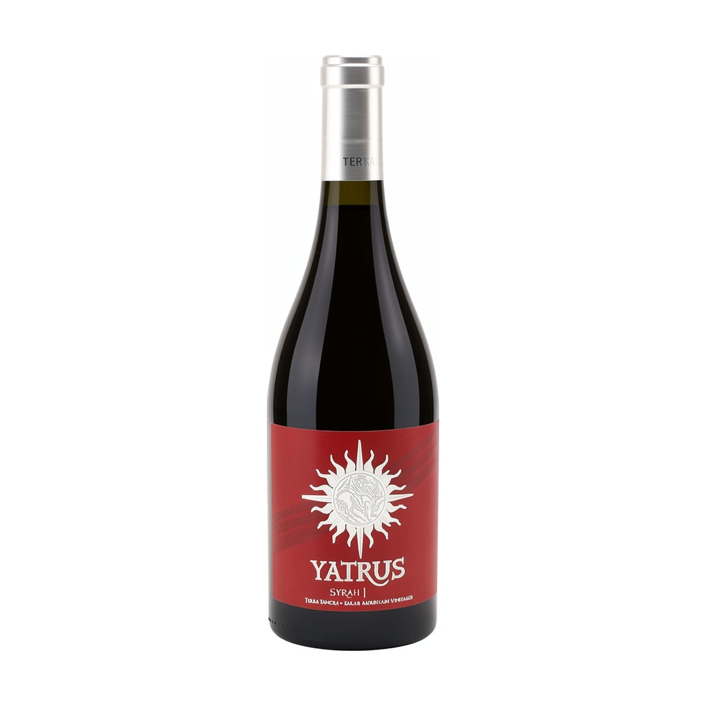 Terra Tangra Yatrus Syrah barrel-aged red wine bottle on white background.
