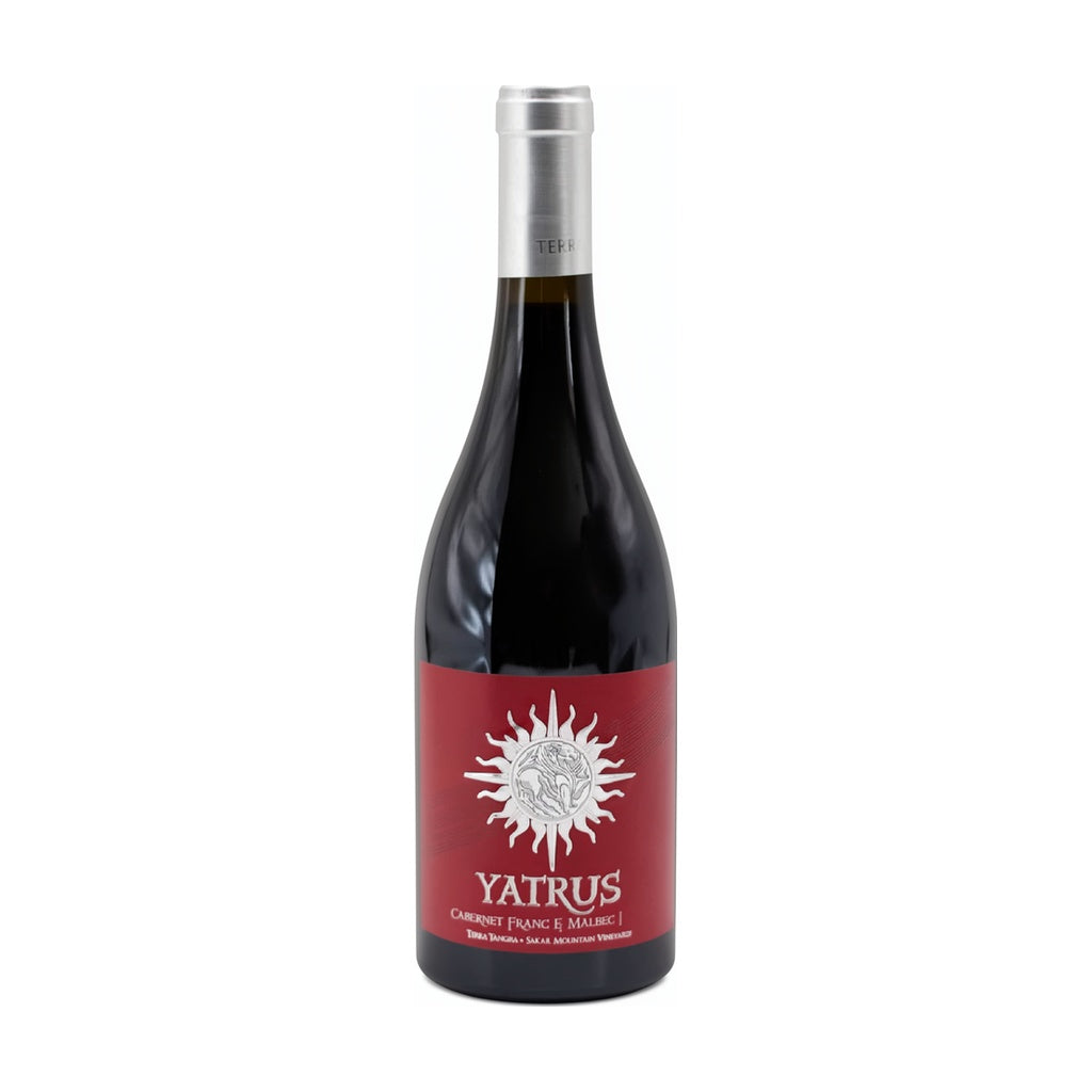 Terra Tangra Yatrus Cabernet Franc & Malbec barrel-aged red wine bottle on white background.
