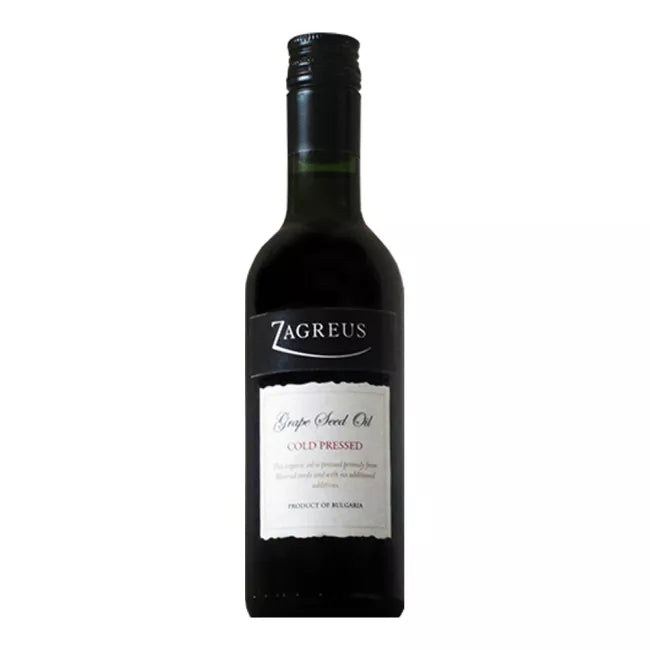Zagreus Winery Grape Seed Oil - Organic cold-pressed oil from Bulgaria, featuring a minimalist black label with elegant white typography.
