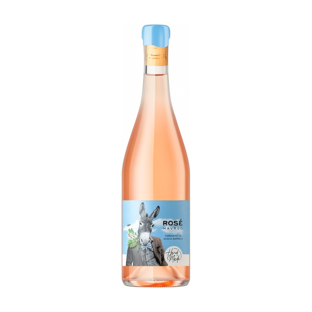 Zagreus Winery Hand Made Mavrud Rosé, premium Bulgarian pink rosé wine bottle on white background.
