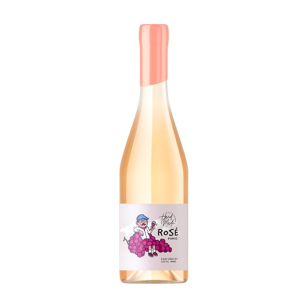 Zagreus Winery Hand Made Mavrud Rosé pink rosé wine bottle on white background.