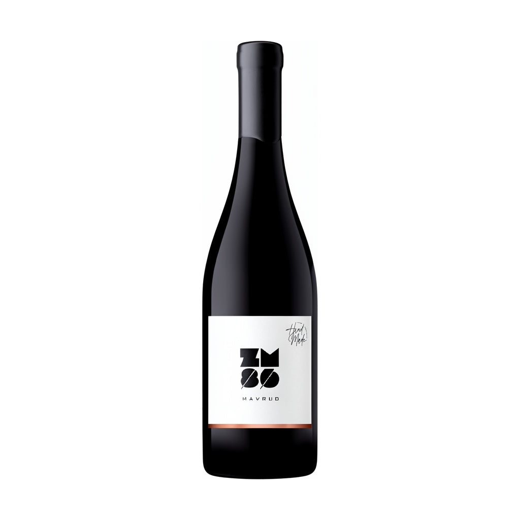 Zagreus Winery Hand Made Mavrud red wine bottle on white background.
