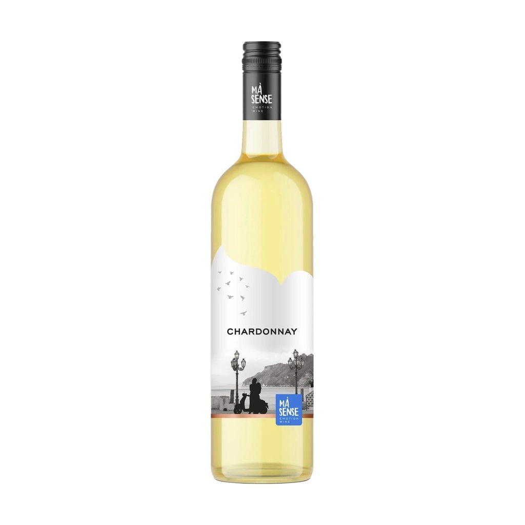 Zagreus Winery Ma Sense Chardonnay white wine bottle on white background.
