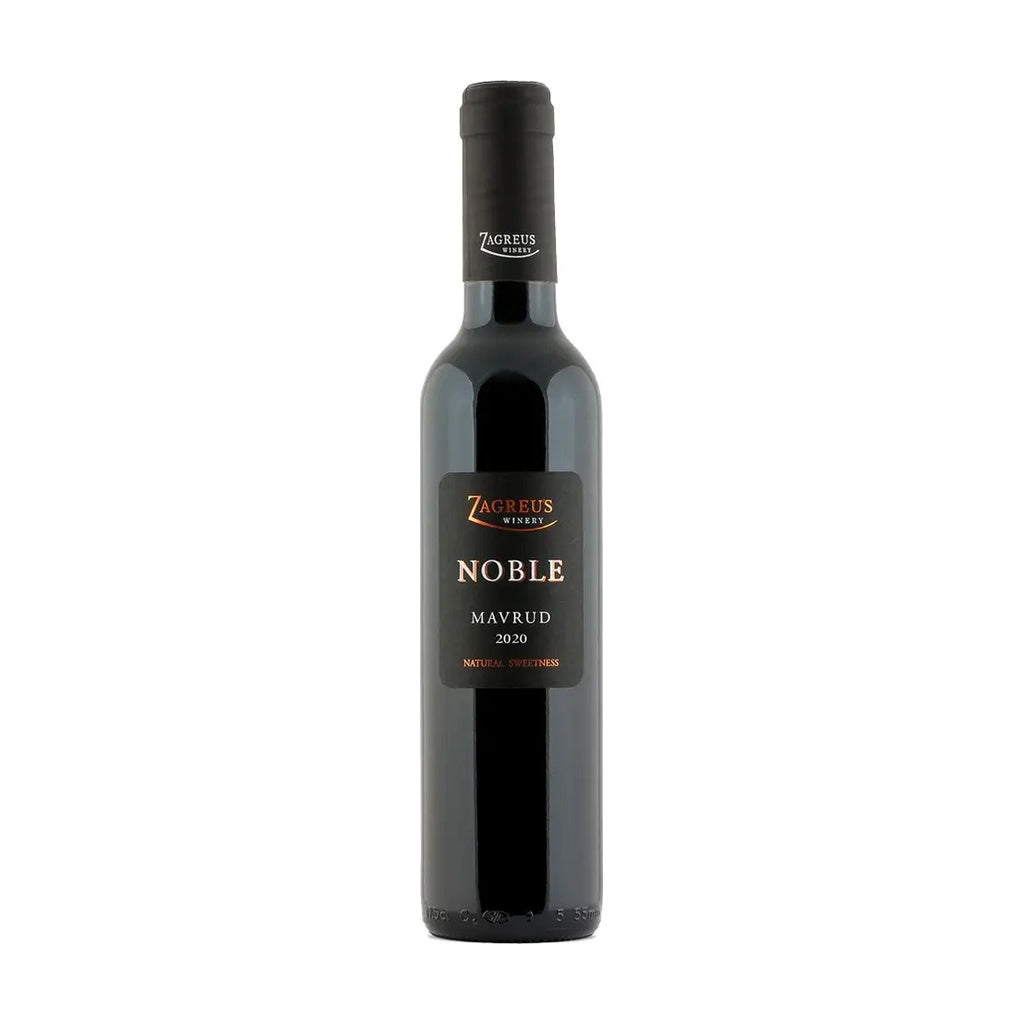 Zagreus Winery Noble Mavrud BIO natural sweetness 375ml dessert wine bottle on white background.