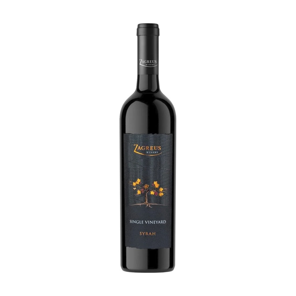 Zagreus Winery Single Vineyard Syrah red wine bottle on white background.