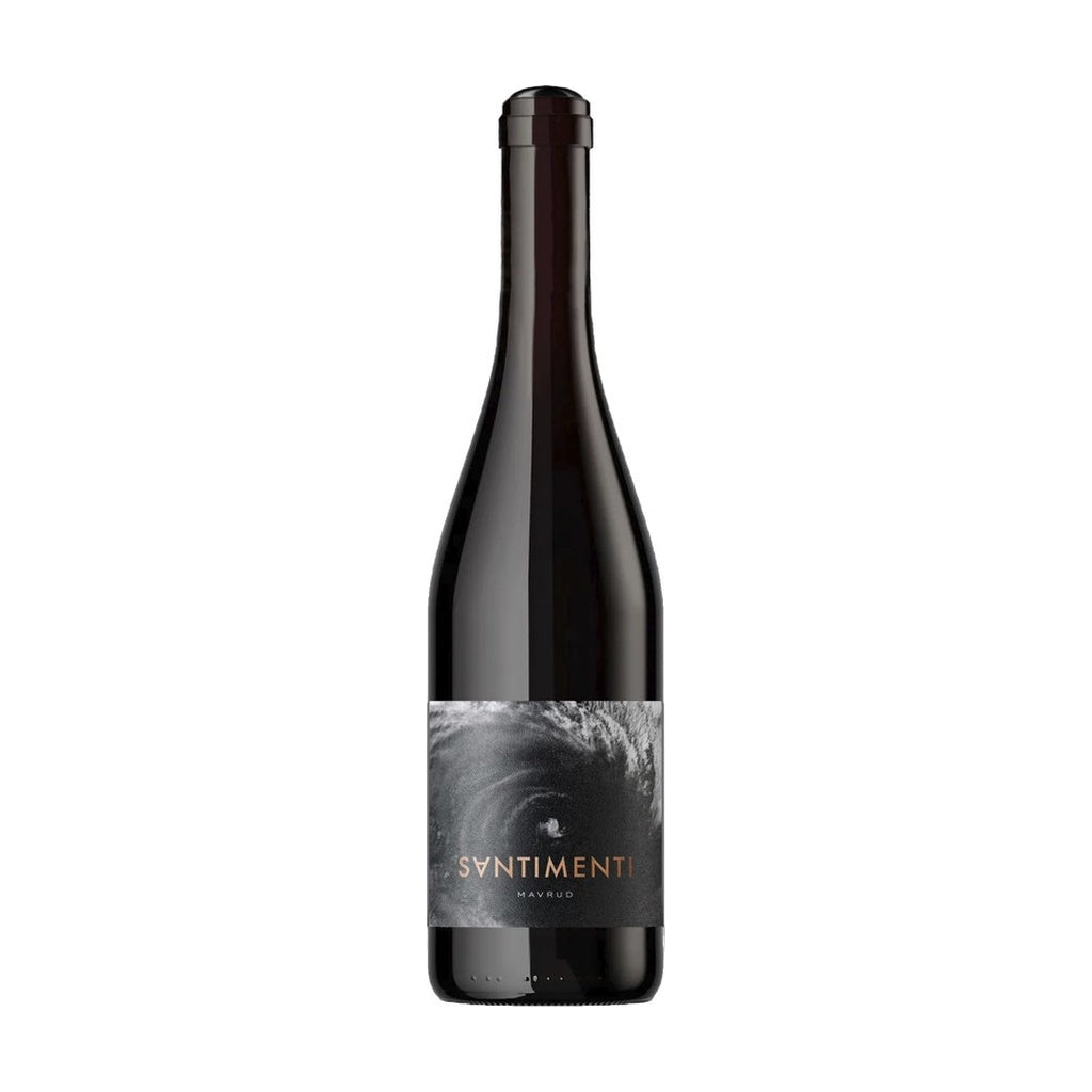 Zagreus Winery Syntimenti Mavrud red wine bottle on white background.
