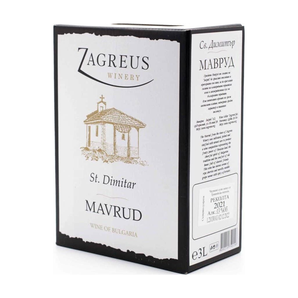 Zagreus Winery St. Dimitar Mavrud red wine in 3L bag-in-box.
