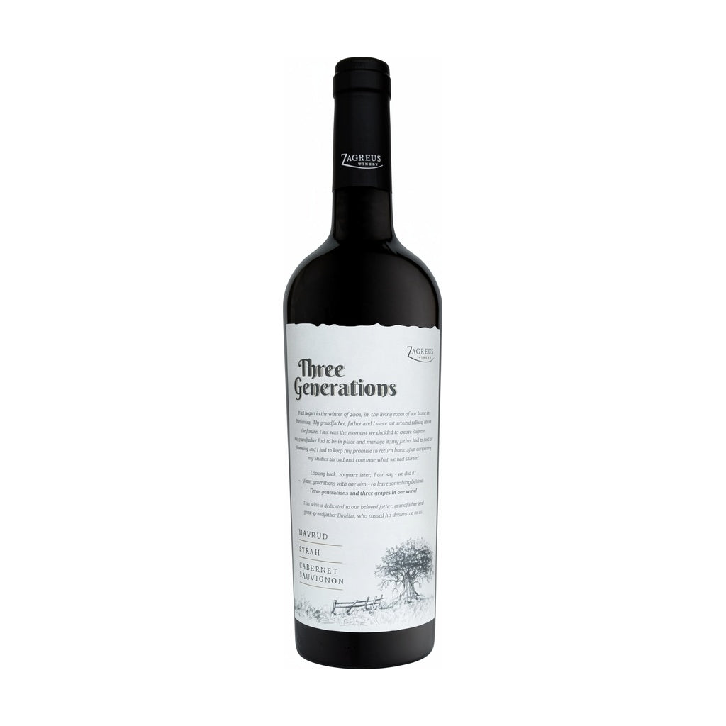 Zagreus Winery Three Generations BIO red wine bottle on white background.