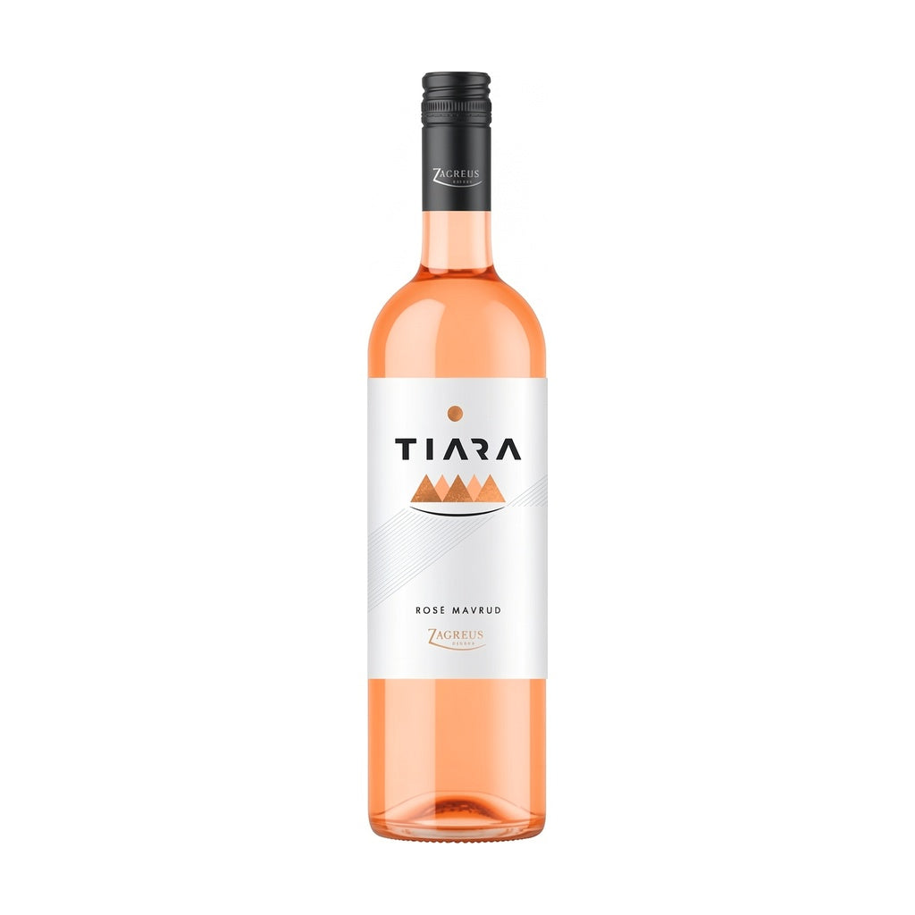 Zagreus Winery Tiara Rosé Mavrud pink rosé wine bottle on white background.