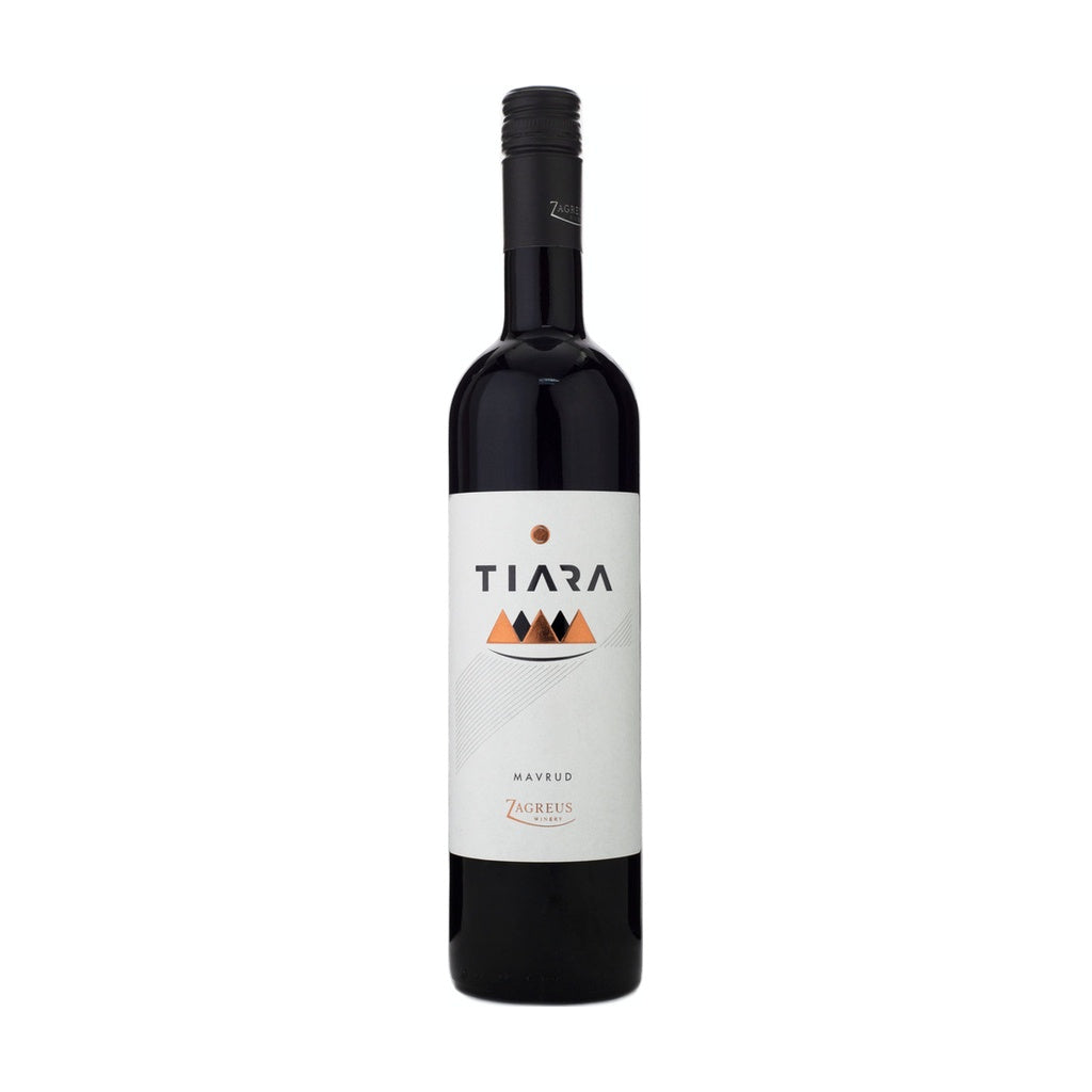 Zagreus Winery Tiara Mavrud red wine bottle on white background.