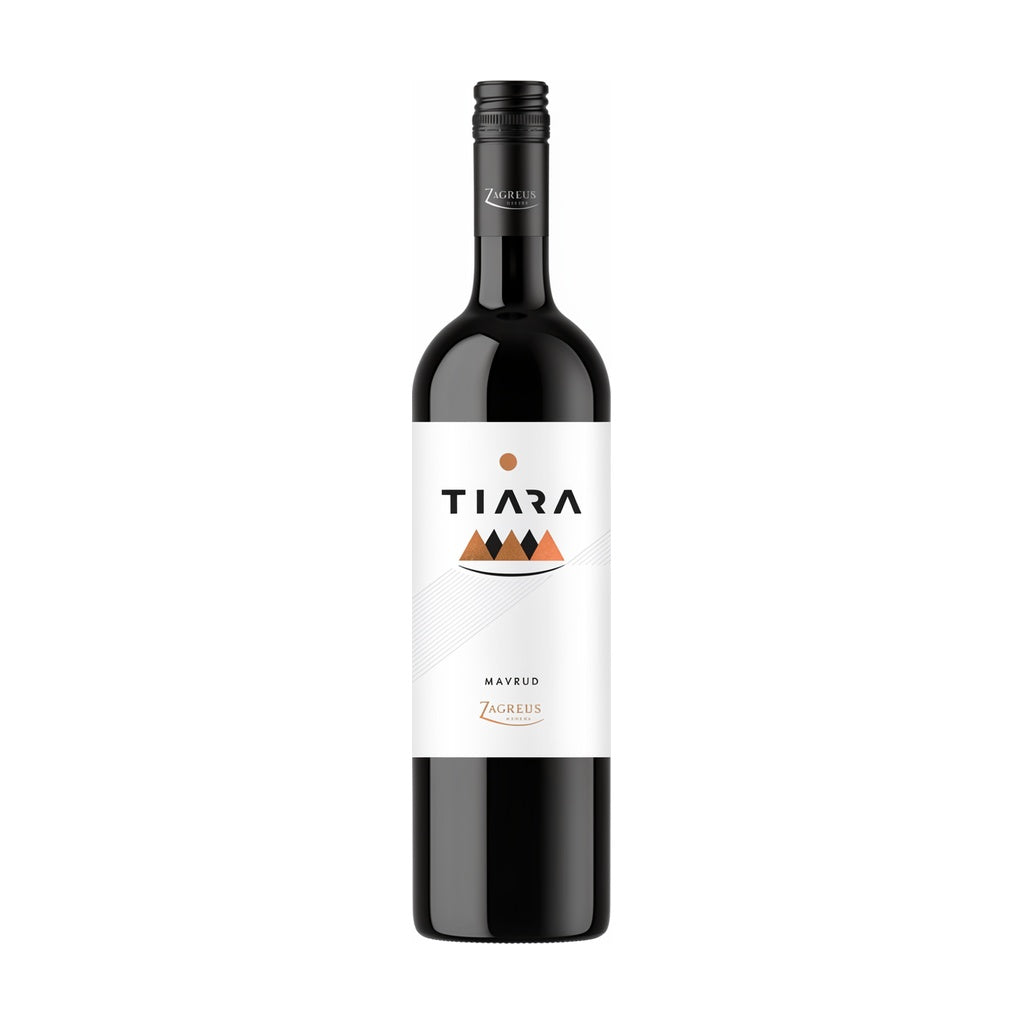 Zagreus Winery Tiara Mavrud BIO red wine bottle on white background.