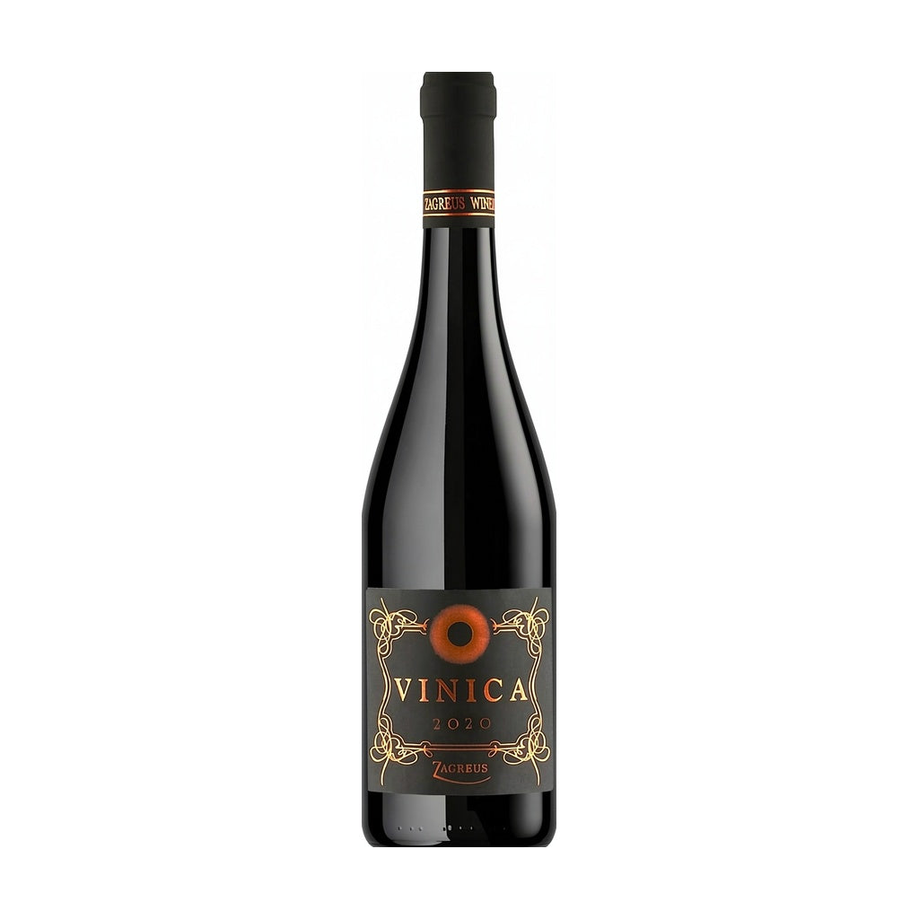 Zagreus Winery Vinica Mavrud BIO red wine bottle on white background.
