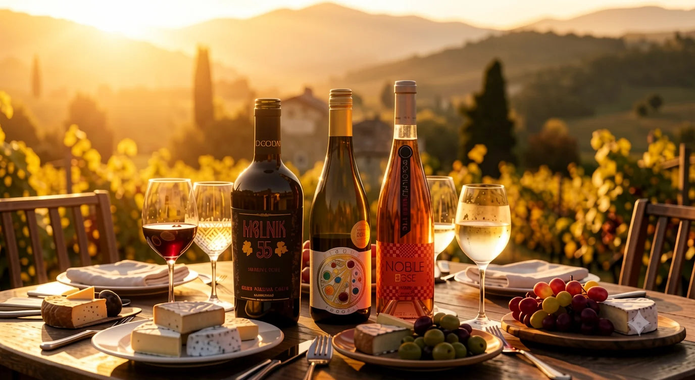 Three bottles of wine—red, white, and rosé—standing on a wooden table alongside plates of cheese, olives, and fresh grapes, overlooking a golden hour landscape of rolling hills and vineyards.
