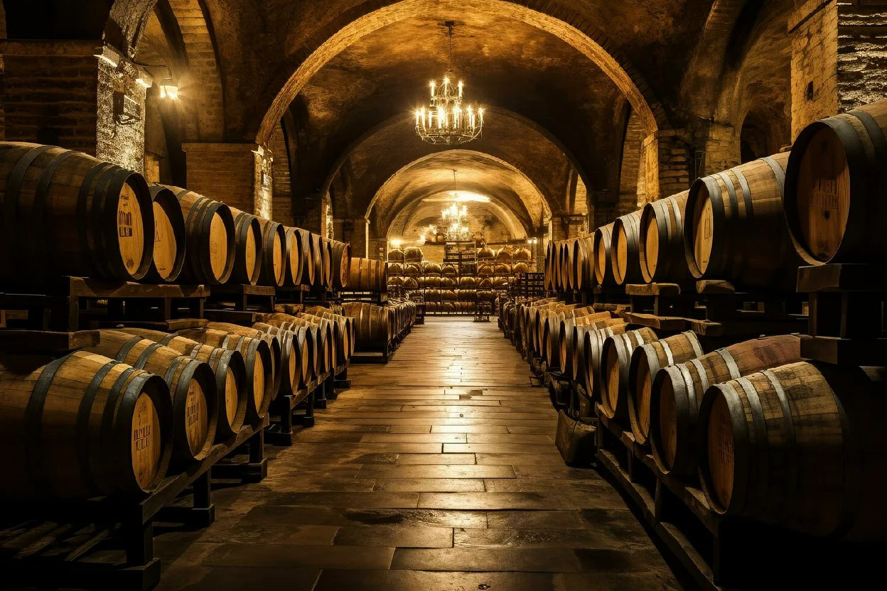 Cinematic view of a historic wine cellar featuring rows of oak barrels for premium red wine aging under stone arches.