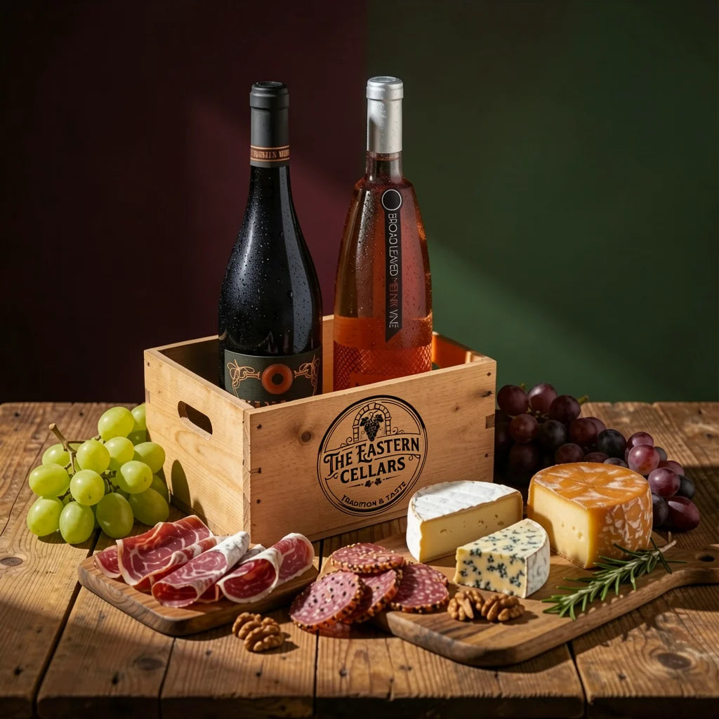  Premium wine collection from The Eastern Cellary featuring red and rosé wines in a wooden crate, accompanied by gourmet charcuterie, artisanal cheeses, grapes, and walnuts.