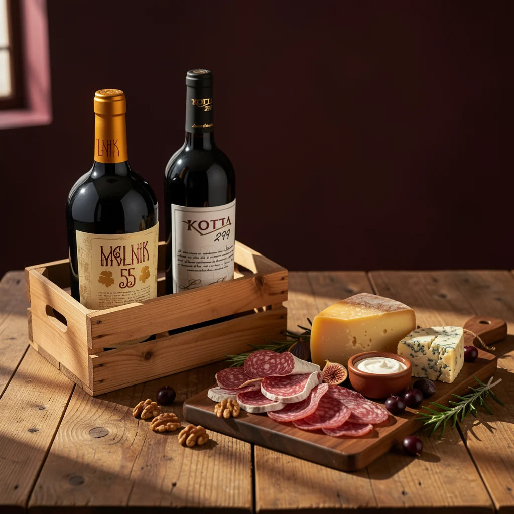 Gourmet wine and charcuterie pairing featuring red and white wines in a wooden crate, served with artisanal cheese, salami, and walnuts on a rustic table.
