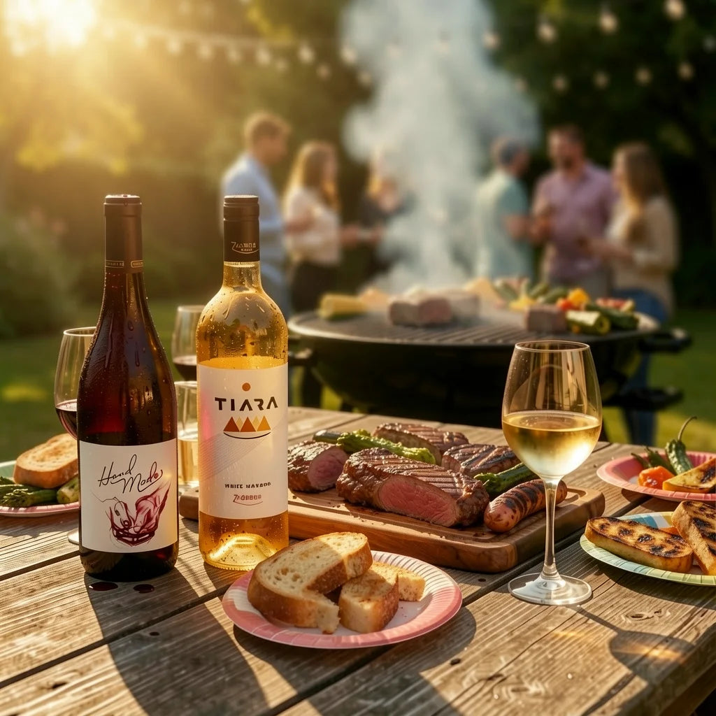 Premium red and white wine paired with grilled meats and vegetables at a summer outdoor barbecue during golden hour. The Eastern Cellars.
