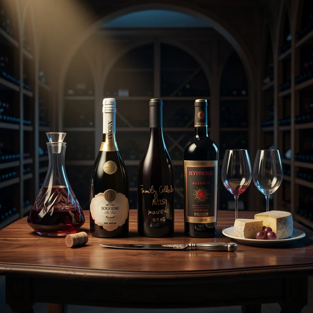 Luxury wine tasting selection in a dark cellar featuring a red wine decanter, premium bottles, and gourmet cheese under dramatic spotlight.
