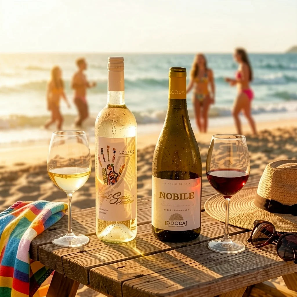 Chilled white and red wine bottles on a sun-drenched beach table during golden hour, overlooking the ocean waves and summer vacationers. The Eastern CEllars