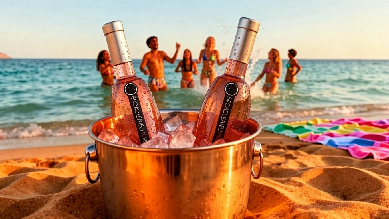 Boutique Bulgarian Rosé wine bottles by Logodaj Winery chilled in a luxury gold ice bucket on a summer beach, Broad-leaved Melnik Vine from The Eastern Cellars, high-end vacation lifestyle photography with ocean view.